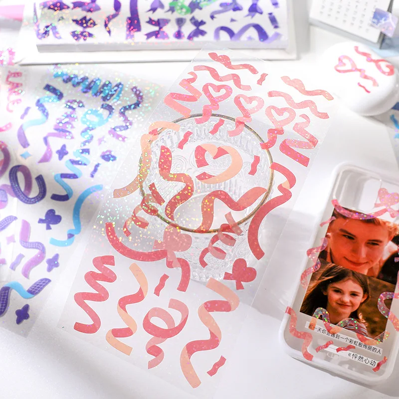 1pcs Kawaii Ribbon Laser Sticker PVC Scrapbooking Decorative Sticker Korean DIY Diary Album Stick Cute Stationery Gift