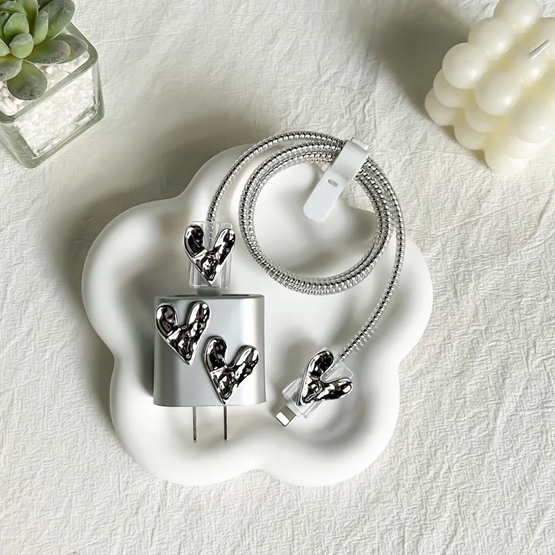 لطيف ثلاثية الأبعاد الفضة الحب القلب موجة الحدود كابل يو اس بي حامي غطاء آيفون 18 واط/20 واط كابل نقل بيانات دغة رئيس الحبل شحن سريع