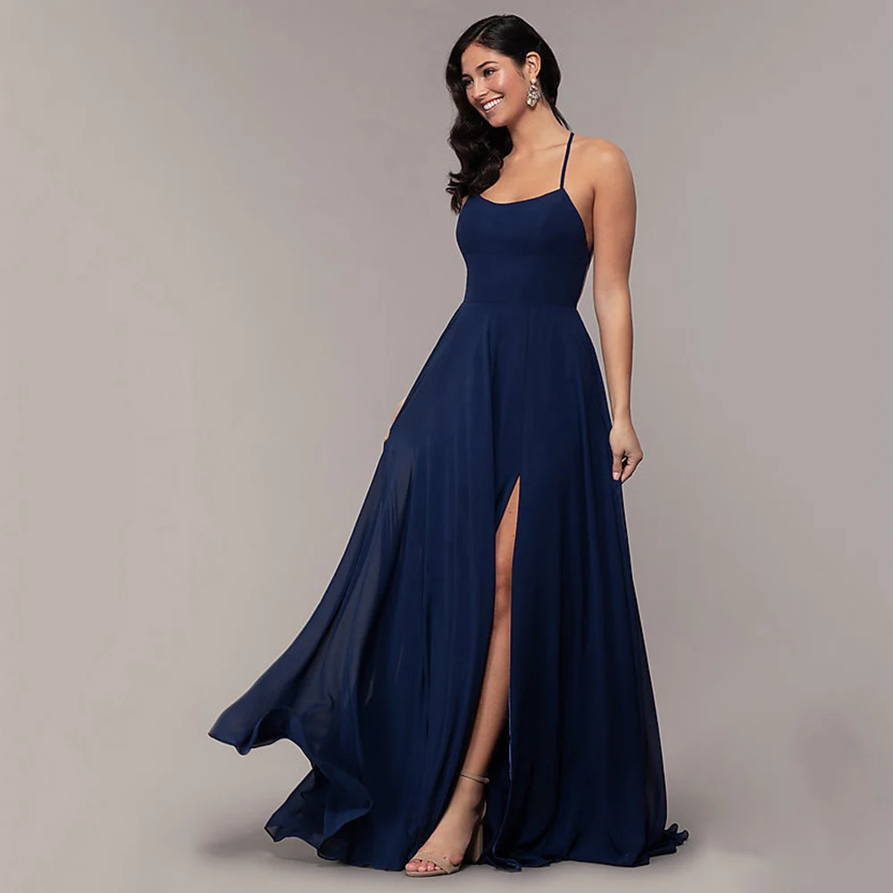 Abiti da sera con spalline blu Navy per la festa elegante abito da ballo lungo a-line 2022 abiti Sexy senza schienale con spacco alto