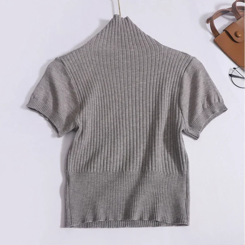 ITOOLIN donna dolcevita manica corta maglia Top Highstreet camicia Solid Casual Office Crop Top estate Y2K Pullover Tees 2024