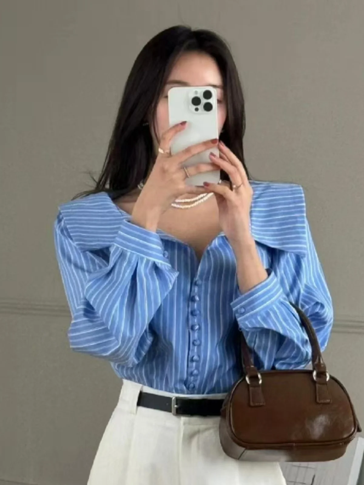 

Spring White Women's irt Chic Large Collar Long Sve Striped Slimming Top Korean Sle Commute Faion Fitted irt