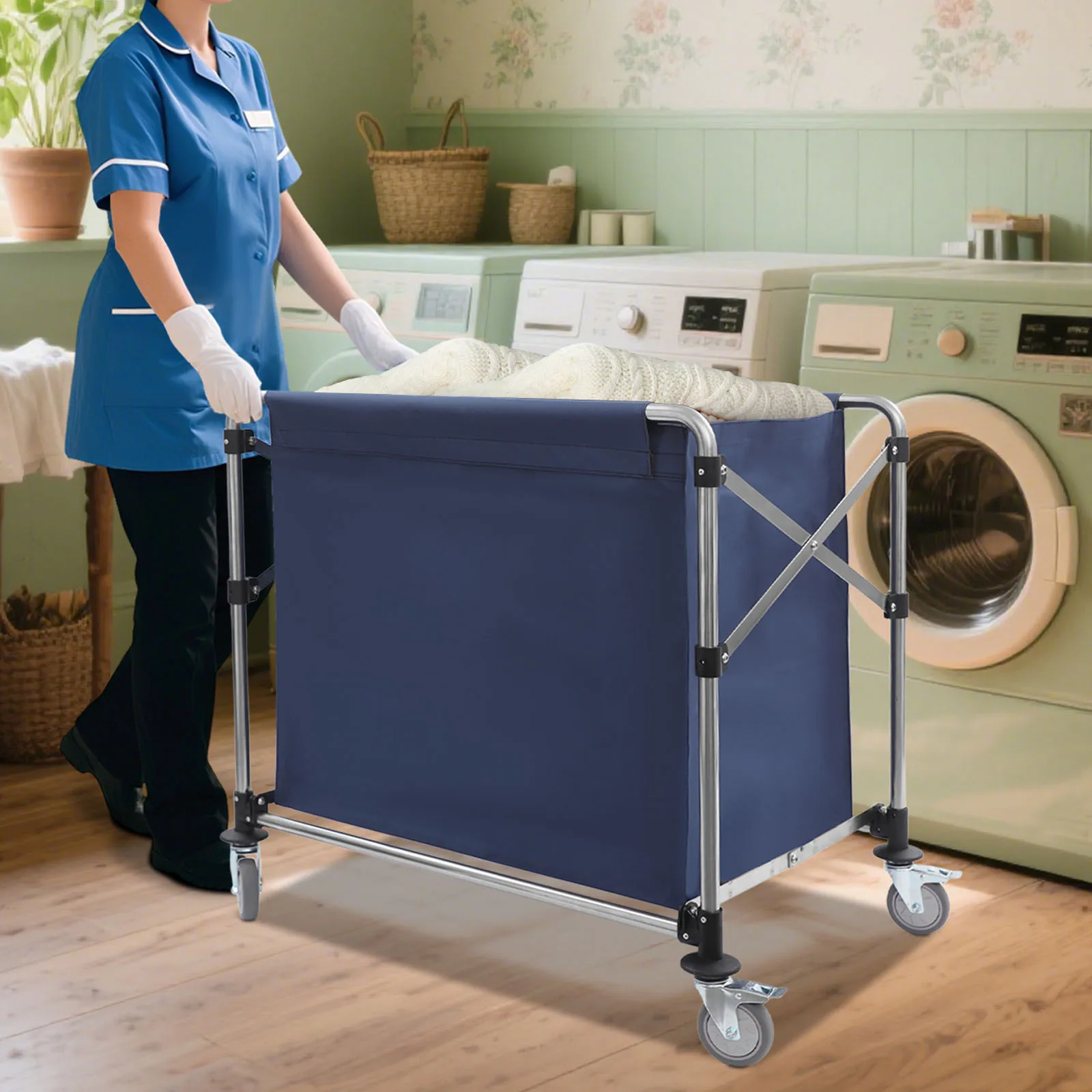 Commercial Laundry Cart with Wheels,Large Capacity Stainless Laundry Basket,Laundry Sorter for Clothes Storage,220 lbs Load,Blue