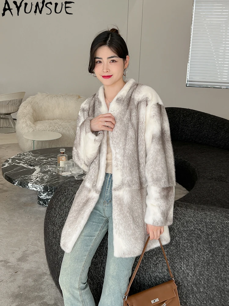 AYUNSUE 천연 벨벳 밍크 모피 코트 여성 럭셔리 중간 길이 겨울 리얼 모피 자켓 여성 의류 전체 밍크 Шуба Женская