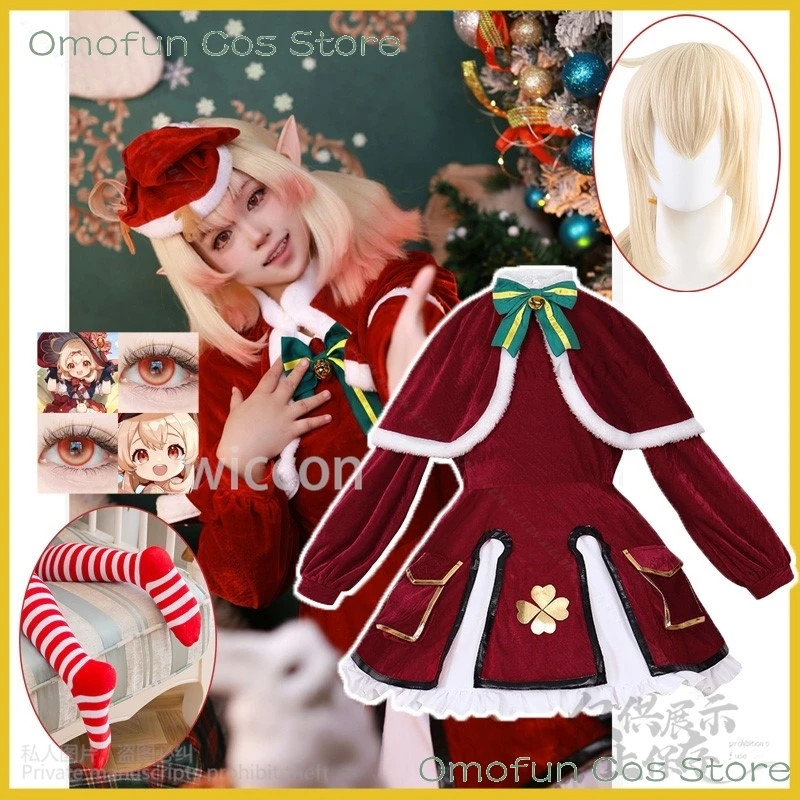 อะนิเมะเกมคริสต์มาส Genshin Impact คอสเพลย์ Klee Santa Claus สีแดงชุดชุด Lolita วิกผมสําหรับเด็กผู้ใหญ่ฮาโลวีนที่กําหนดเอง