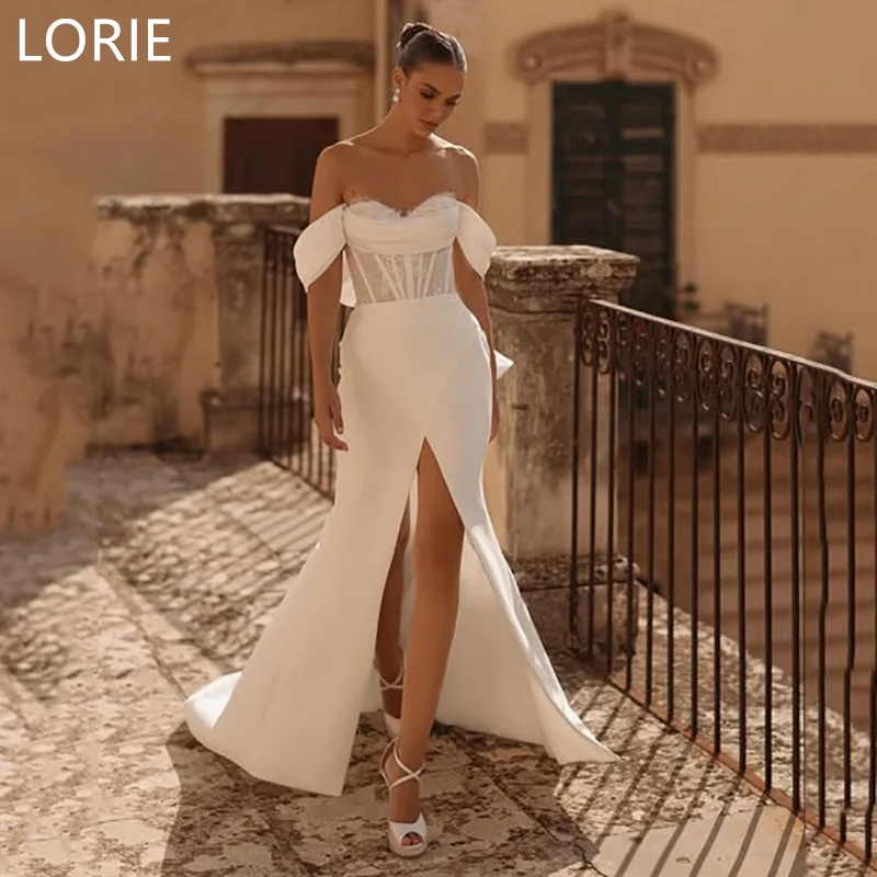 

LORIE A-line Elegant vestidos de novia Off Shoulder Wedding Dress Split Bridal Gowns Sleeveless Wedding Gown Customized