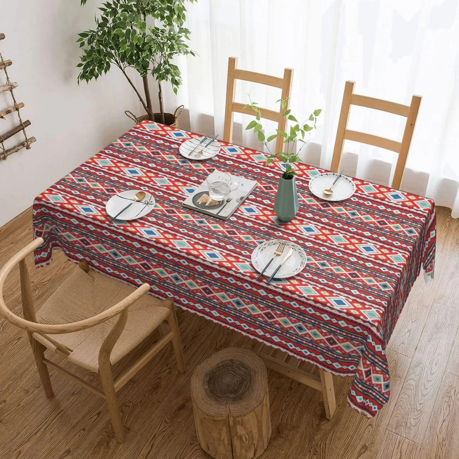 Aztec Style Stripe Rectangular Tablecloth, Red Boho  Wavy Lace Border Polyester Table Cloth for Dining, Kitchen, Parties