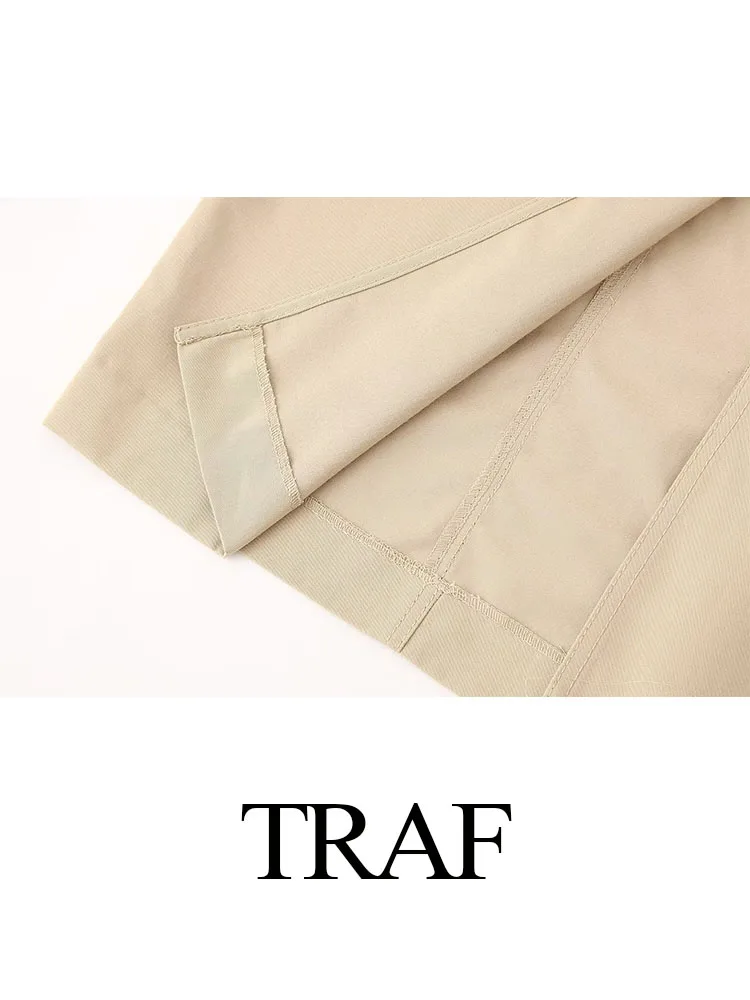 TRAF 2024 Female Skirt Chic High Waist Khaki Back Hem Slit Slim Long Skirts Women\'s Casual Zipper Pocket Woman Skirt Streetwear