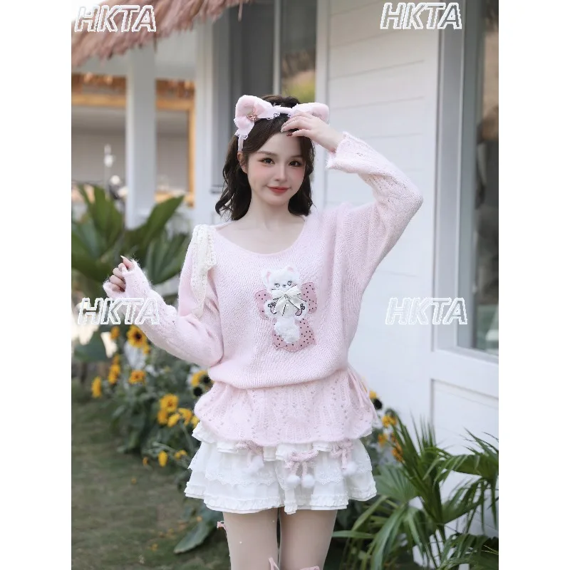 

2026 Spring Cute Strawberry Cat Plush Bow Tie Bell Sleeve Sweater Women Loose Waist Drawstring Pullover Hollow Out Sweater Top