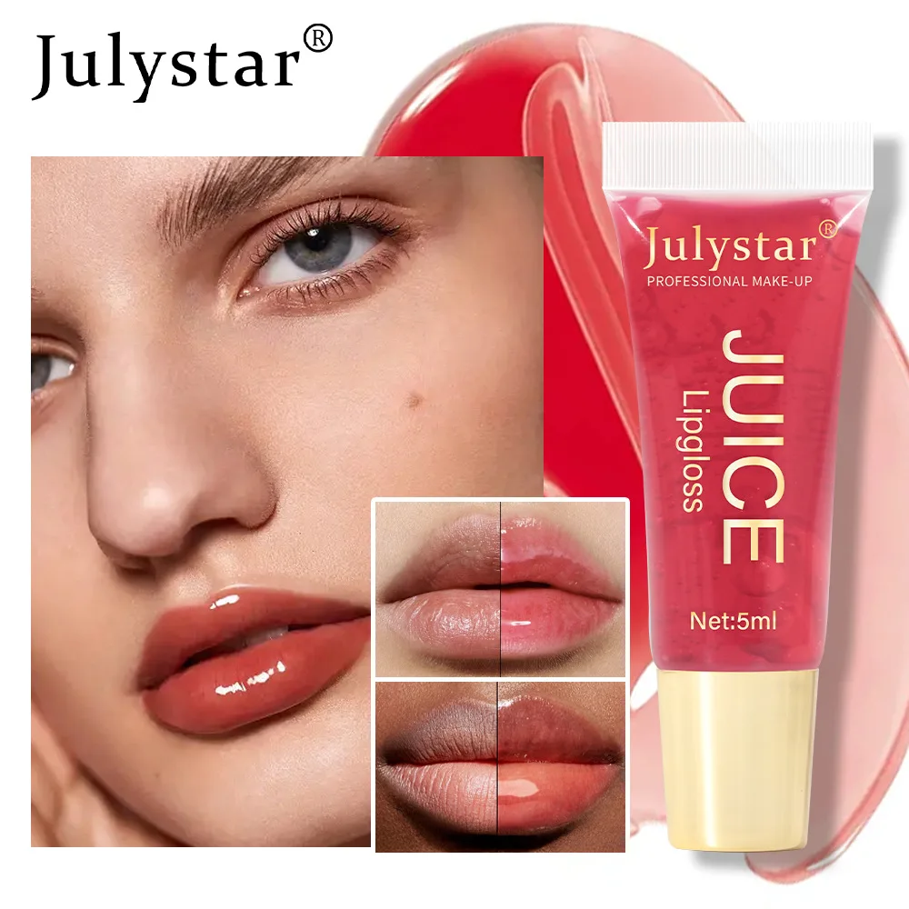 Julystar Fruit Flavored Lip Gloss para mulheres, maquiagem labial, hidratante, duradouro, óleo hidratante, transparente, batom