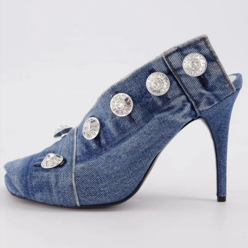 FHC 2024 New Women High Heels Denim Sandals,Metal Rivets Summer Shoes,Back Hollow Out,Square Toe,Big Size 34-44,Blue,Dropship