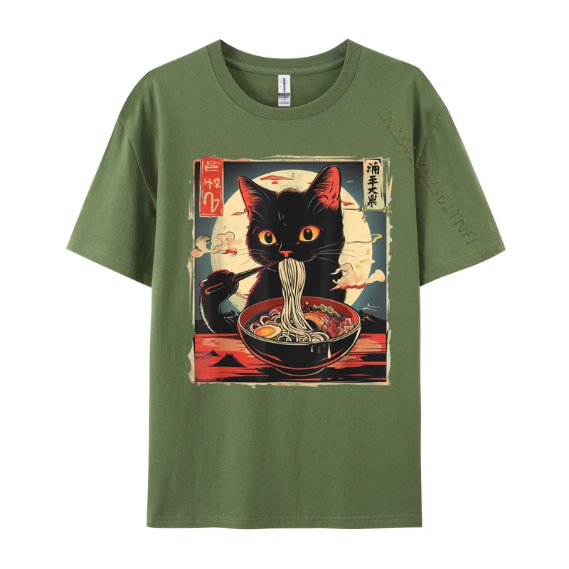 Retro Japanese Kawaii Cute Cat Eating Ramen Poster Casual Cotton Print Tops & Tees Special Adult T Shirt Printing Tee-Shirt