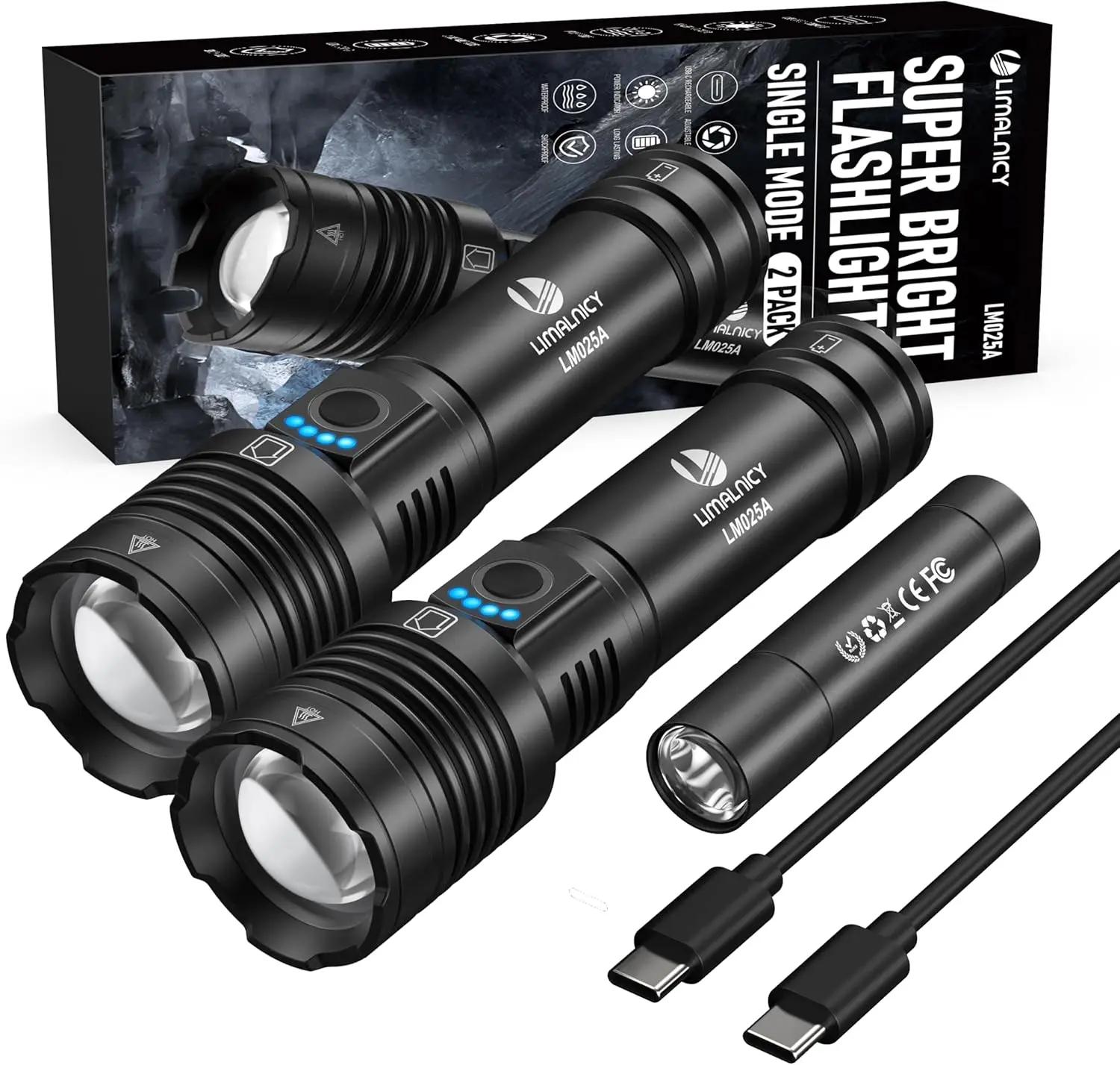 

Rechargeable Flashlight 10000LM 30W LED, USB-C, 12H Runtime, 2-Pack, 6.81' Handheld, for Hiking & Home