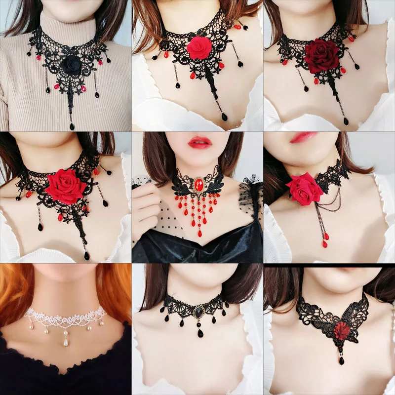 Chokers for Parties Beads Bow Flowers Circular Crown Pearl Tassels Gothic Sexy Lacy Lace Women Necklaces Neck Jewelry Girl Gift
