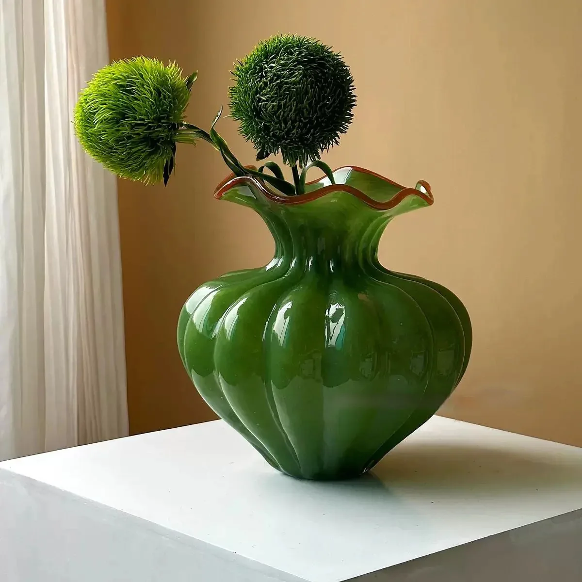 

Nordic Handmade Glass Vase with Wavy Rim, Candy Color Flower Vase for Living Room Tabletop, Cute Home Decor Decorative Bottle