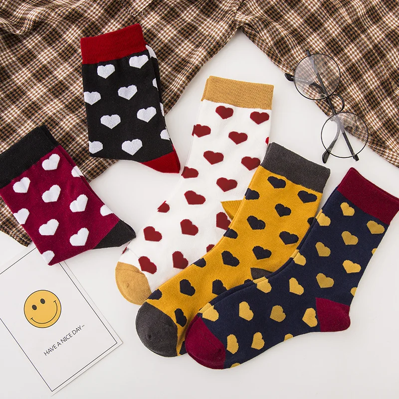 

Носки, женские носки для девочек, черные хлопковые носки в горошек с сердечками, женские белые милые кавайные носки в стиле Харадзюку