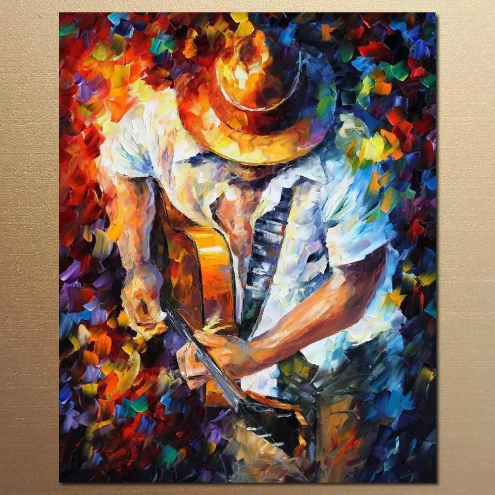 

Musician Modern Canvs Art Painting Man Guitar and Soul Handmade Figure Abstract Artwork for Living Room Wall Decor Music Room