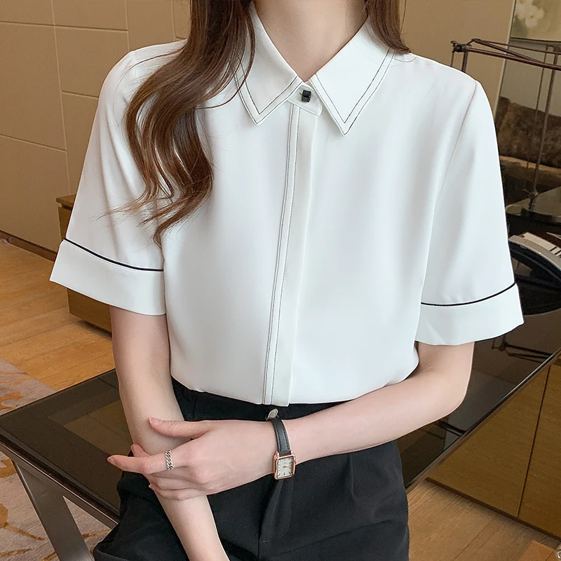 White Women's Shirt Short Sleeved Blouse Summer Temperament Chiffon Ladies Tops New Professional Korean Fashion Women's Clothing