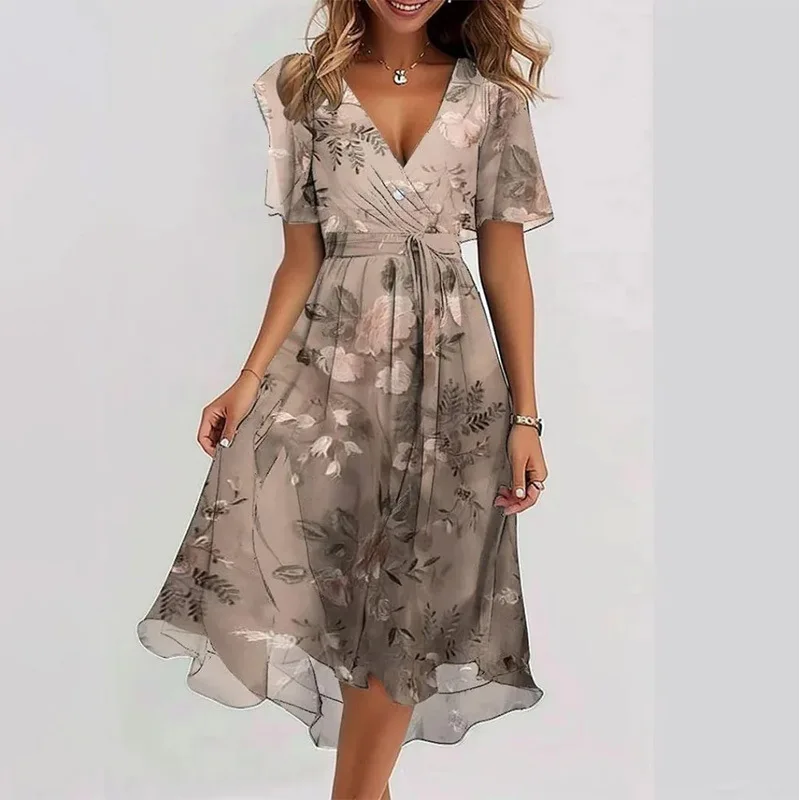 Elegante dames lente en zomer korte mouwen losse a-lijn jurk dames casual v-hals bloemenprint strandstijl jurken midi