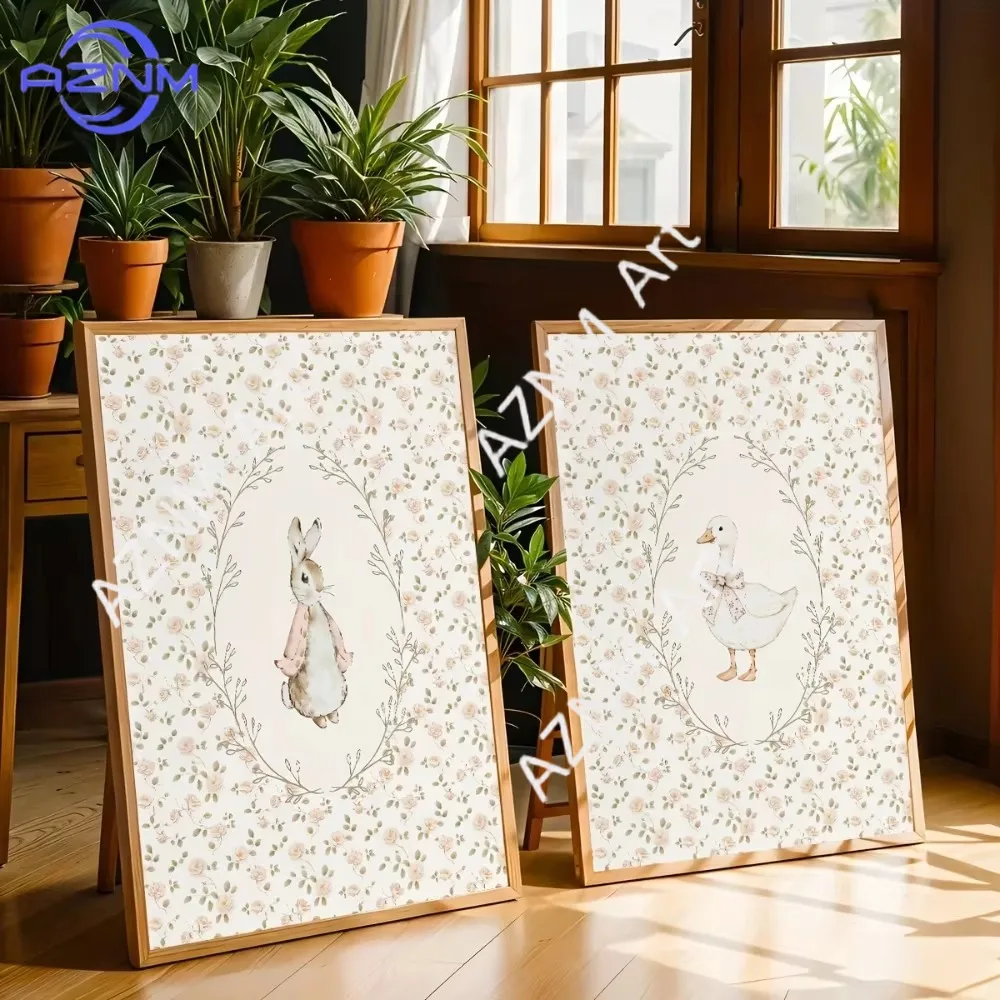 1/2 Stück rahmenloses Poster mit niedlichem Kaninchen und dummer Gans für das Kinderzimmer, Pollen-Rot-Leinwandkunst im Landhausstil, Wohnzimmerdekoration, ausgefallenes Design