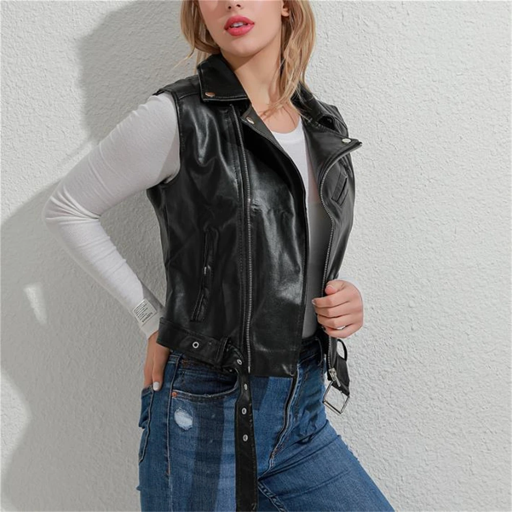 Black PU Leather Waistcoat Women Casual Sleeveless High Street Cool Vest Female Spring New Zipper Turn-down Collar Tanks 4XL