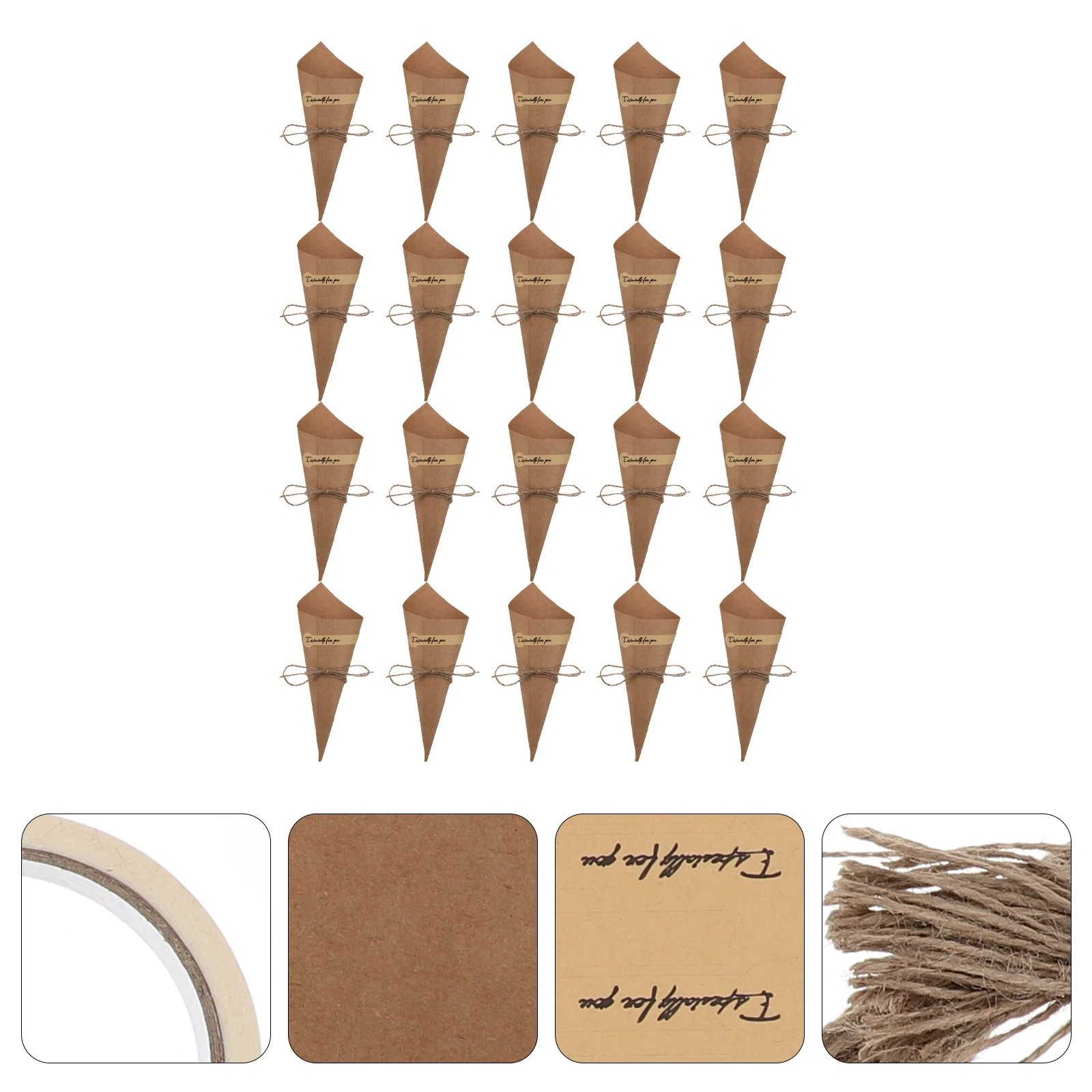 

50pcs Paper Flower Cones Kraft Candy Food Wrappers Hemp Rope Sticker For Wedding Events Ice Supplies