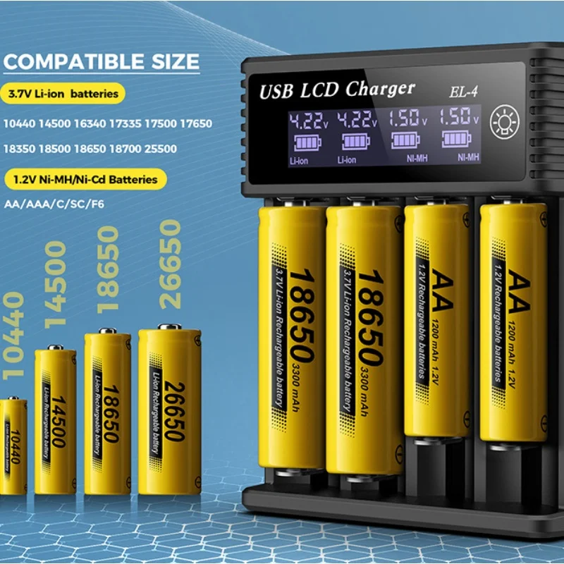 

18650 Зарядное устройство для 4 слотов Smart LCD Зарядное устройство Дисплей AA AAA SC Литий-ионный Ni-MH Ni-CD 25500 F6 16340 Батареи