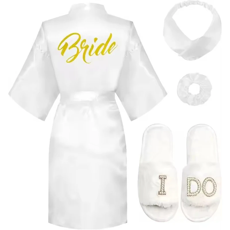 3pc set of glitter gold novia robe bride slippers bridal sash foil writing Espanol spanish kimono la novia women pajamas robe