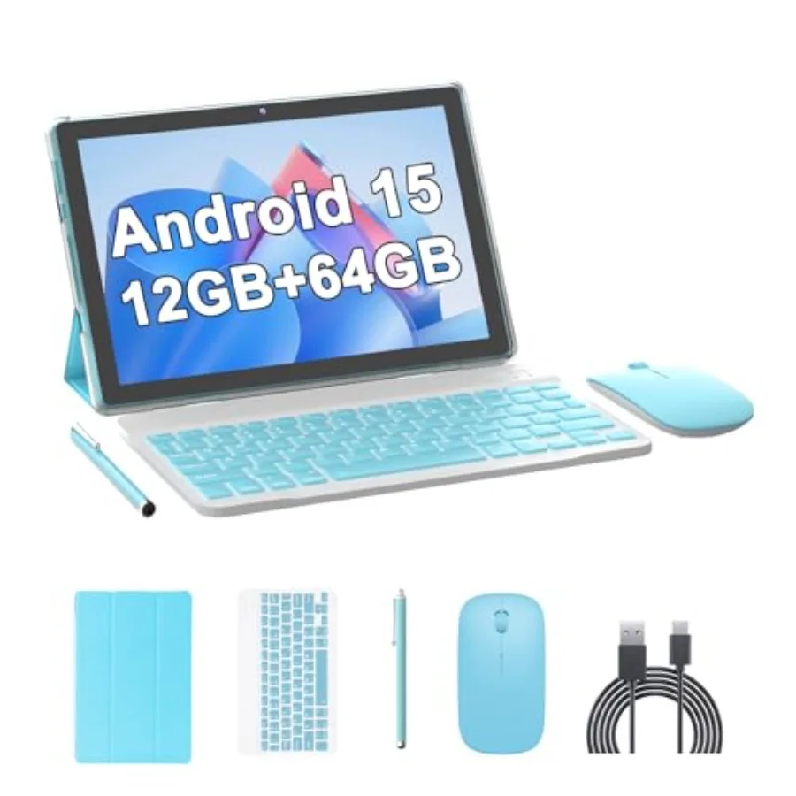 

10 Inch Android 15 Tablet 2 in 1 with Keyboard and Mouse 64GB ROM+12GB RAM 5G WiFi-6 6000mAh Dual Camera 2MP+8MP Supports 1TB E