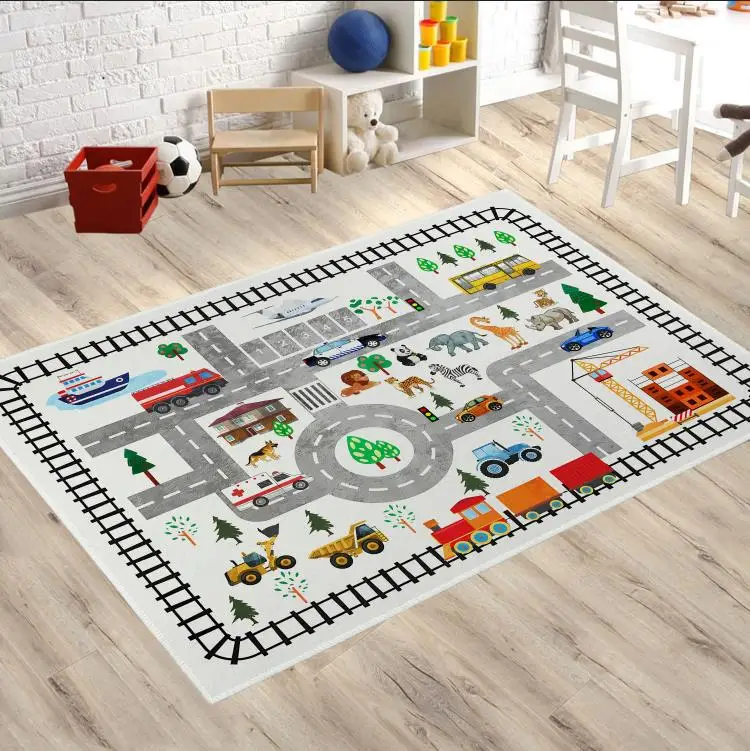 Children\'s Traffic Educational Carpet for Living Room Decor Children\'s Room City Life Road Non-Slip Large Area Rugs Crawling Mat