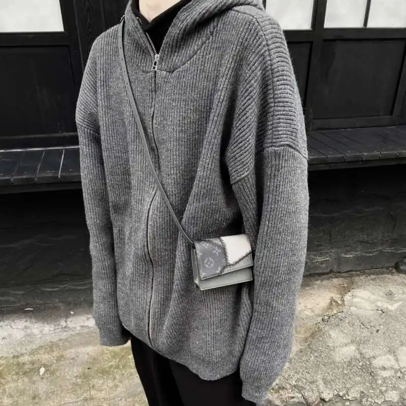 

Retro Grey Zipper High Neck Hooded Cardigan Lazy Style Casual European and American Knitted Sweater