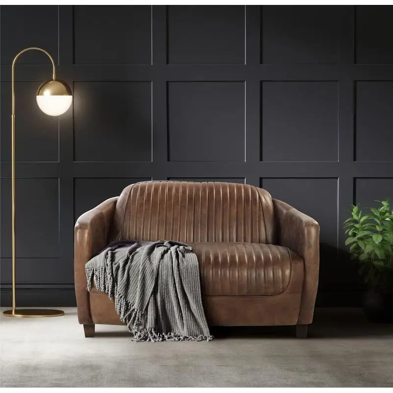 

Retro Brown Grain Leather & Aluminum Loveseat Sofa