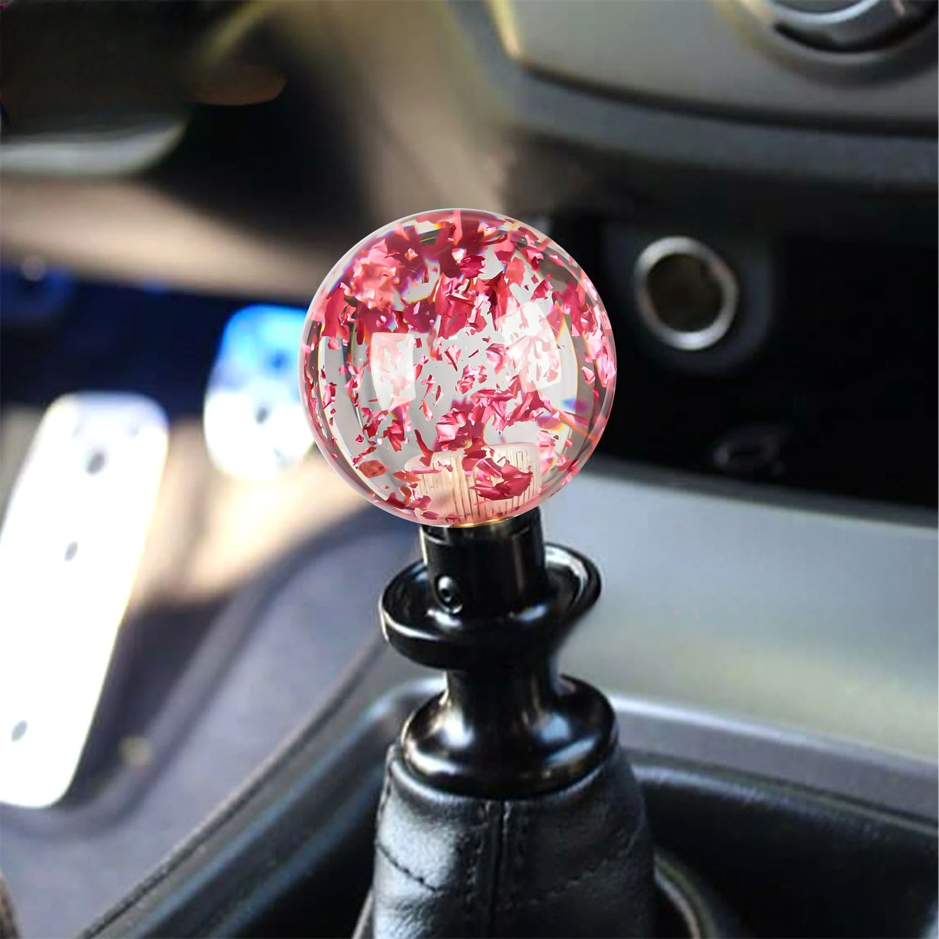 

Universal Cars Transparent Round Shift Knob Pink Glitter Flake Resin Gear Lever Head Black Aluminum Base Interior Accessories