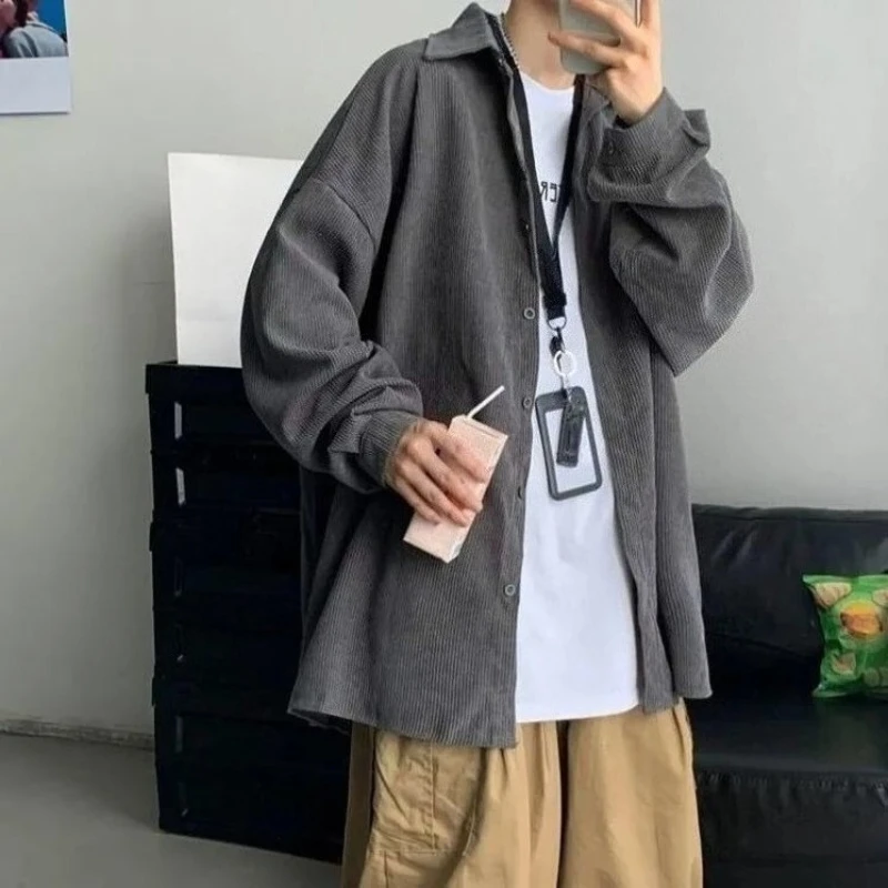 

Men's Corduroy Blouson Shirt Spring Autumn Korean Style Ins Outerwear Loose Cut with Pockets, Versatile for Street Casual Wear