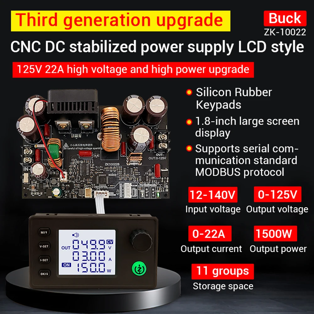 ZK-10022 CNC Step-down DC regulowany zasilacz moduł stałego napięcia i prądu 22A/1500W moduł obniżający napięcie DC12-140V