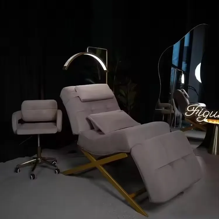 Unique design curved eyebrom lounger chair bed modern gold base aesthetic eyelashes salon massage bed for sale