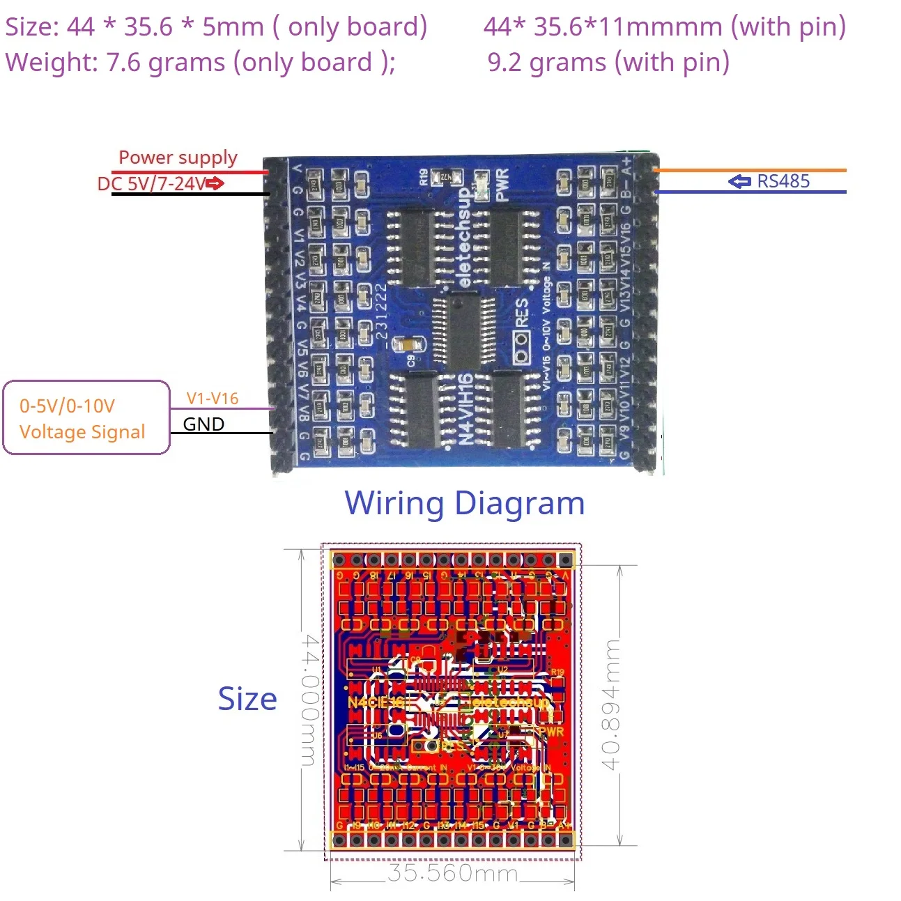 16AI 4-20MA 0-20MA  0-5V 0-10V Current/Voltage Analog Acquisition RS485 Modbus RTU ADC Module DC 5V 12V 24V mini PinBoard