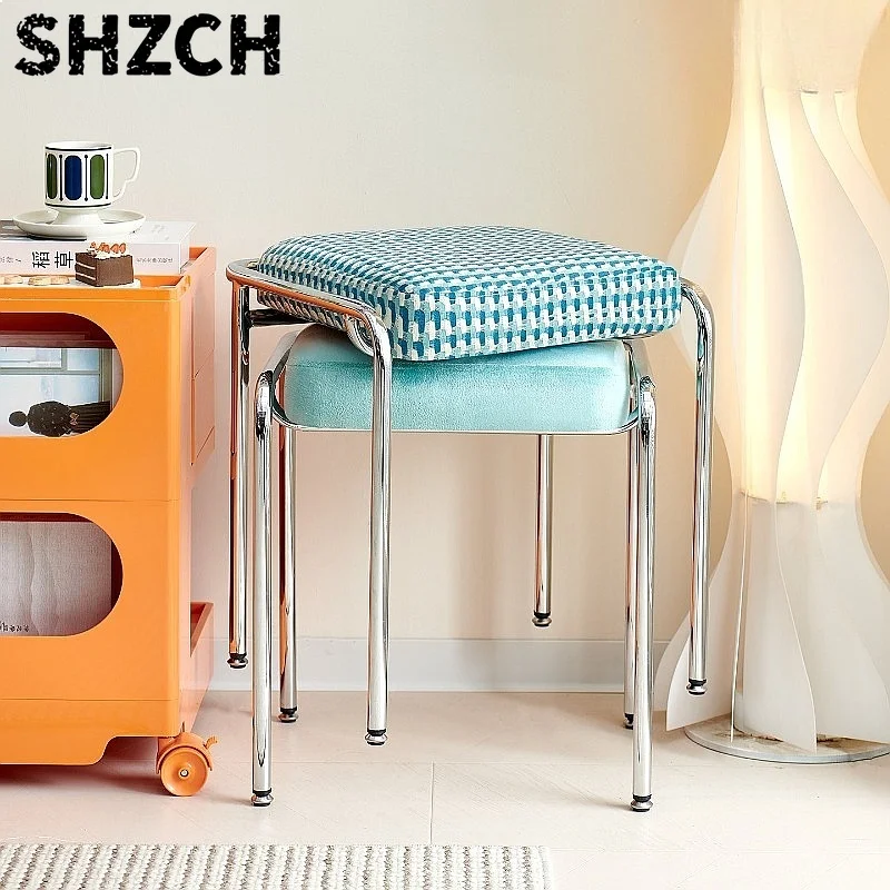 Stainless Steel Stackable Upholstered Stool Luxury Space Saving Dining Chair