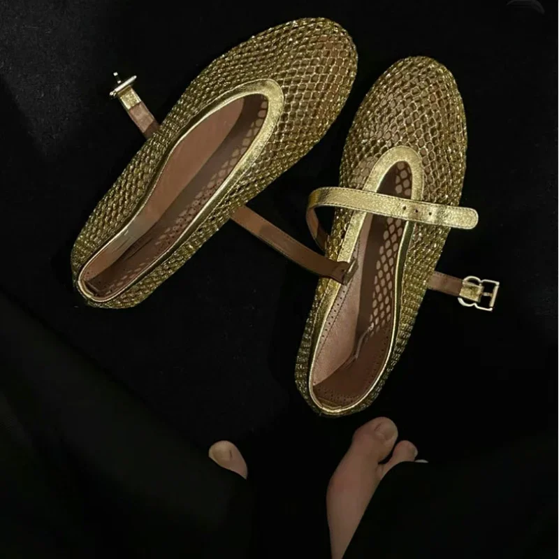 Mesh hollow ballet flats, summer breathable casual sandals for women, full diamond crystal Mary Jane shoes Hollow Shoes