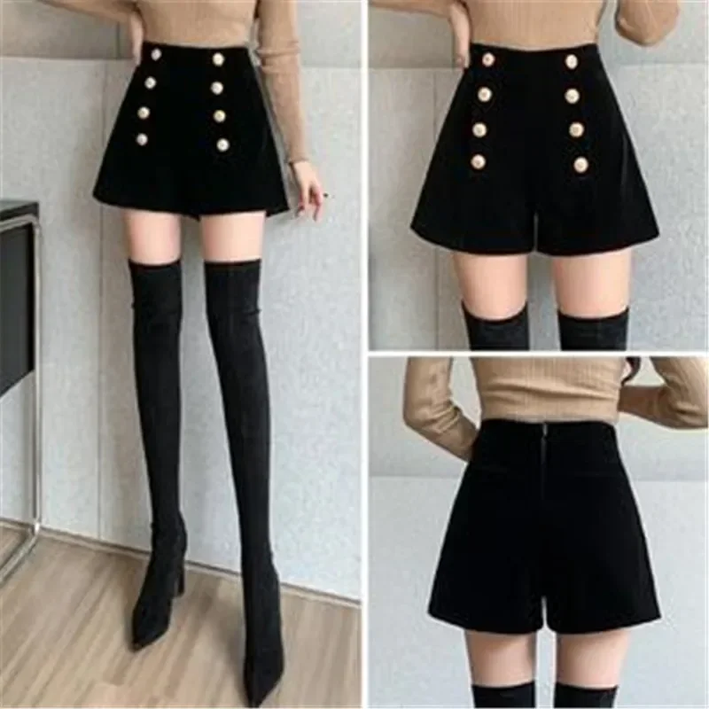 Autumn Winter High Waist Velvet Wide Leg Shorts Women Chic Double Breasted Short Pants Fashion Sexy Bottoms Casual Ropa Mujer