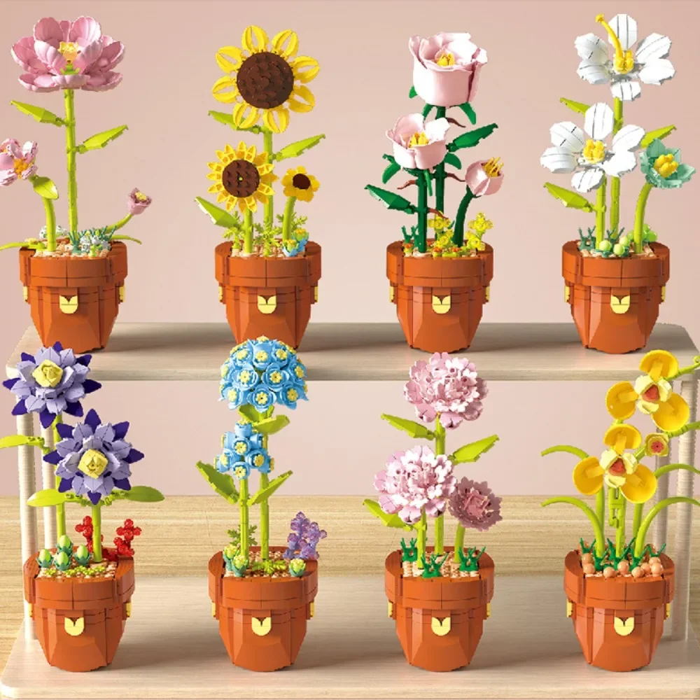 จําลอง Building Block ดอกไม้ดอกทานตะวัน Lotus Potted Plant เดสก์ท็อปเครื่องประดับตกแต่งของขวัญวันวาเลนไทน์ประกอบของเล่น