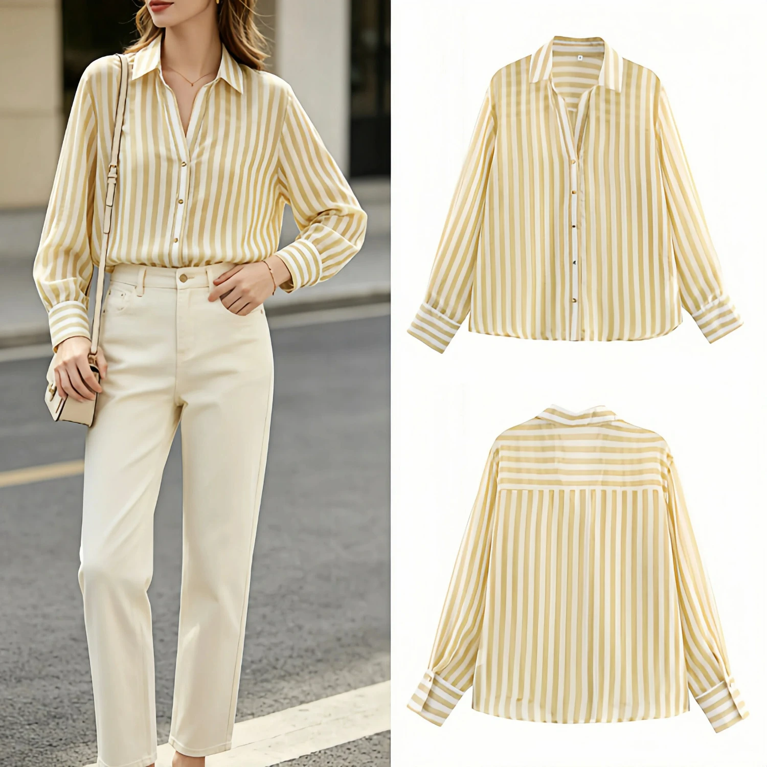 Camisa a rayas amarillas y blancas para mujer, blusa holgada de manga larga informal de estilo francés, blusa versátil para ir al trabajo, primavera 2026