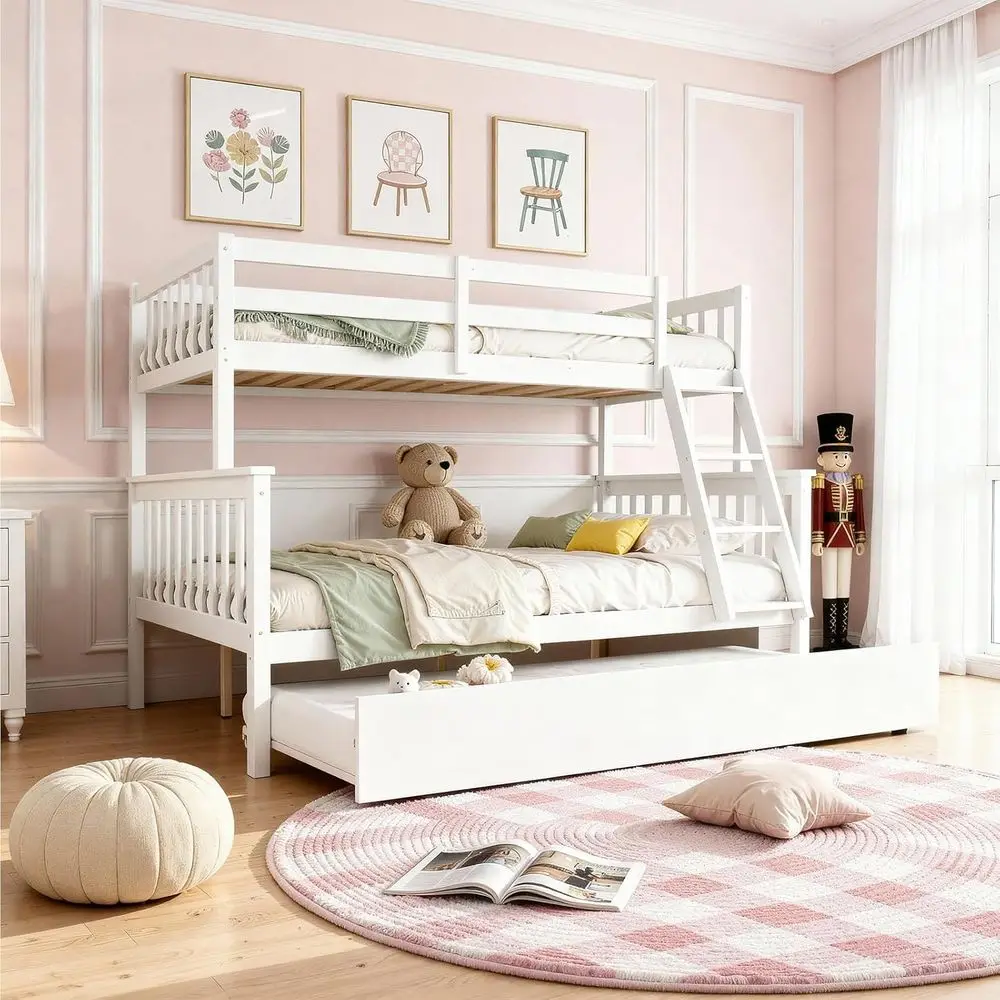 

Twin Over ull Wood Bunk Bed with Trundle, Convertible to 2 Platorm Bed, Twin and ull Size Wood Bunk Bed with Ladder and Saety Gu