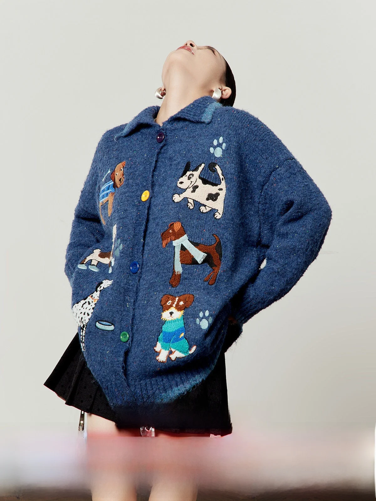 

Loose Fit Blue Knitted Sweater Women's Spring New Sle Dog Pattern Color Blo Vintage Sle Open Cardigan Casual Knitwear