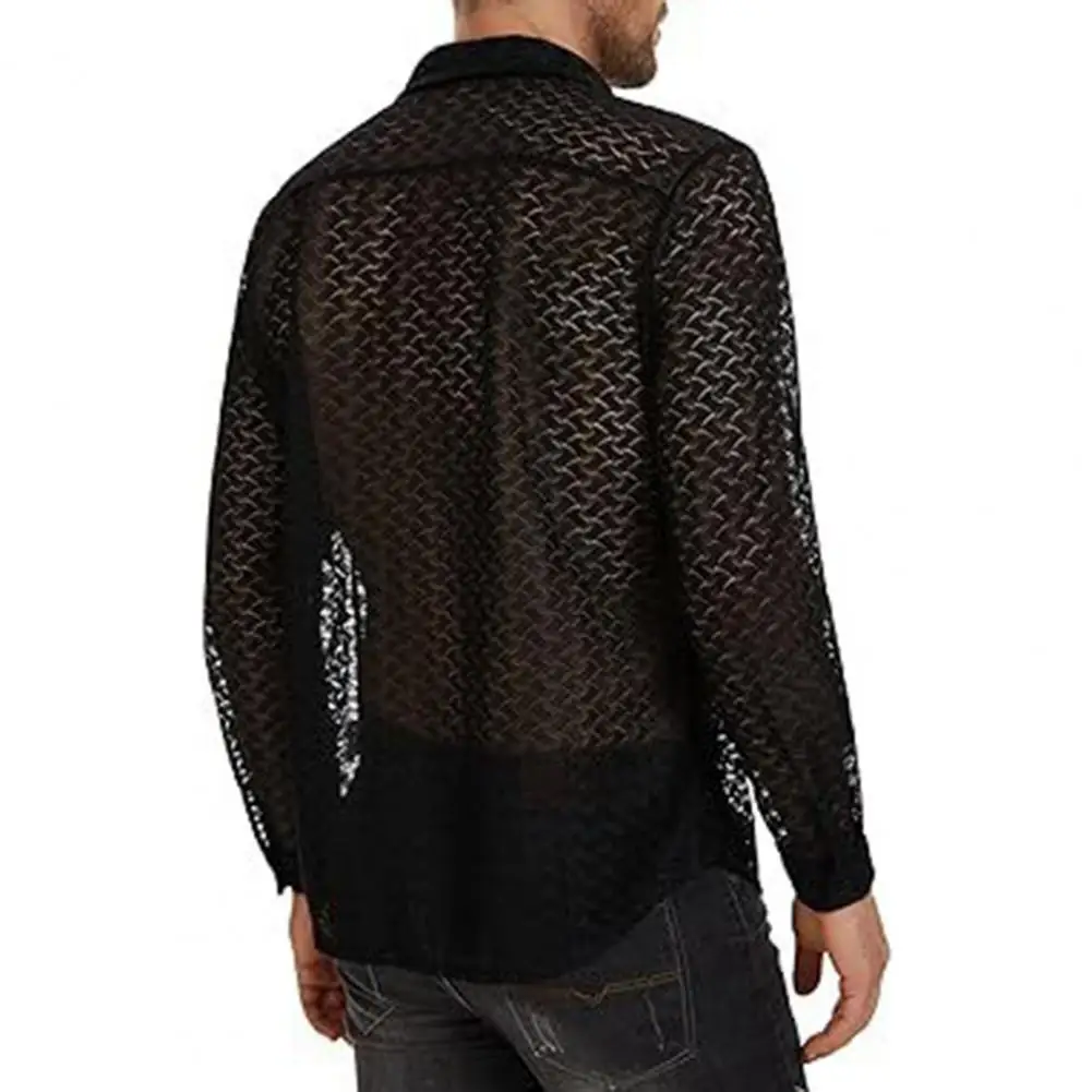 Vacation Shirt Men\'s Lace Mesh Cardigan with Turn-down Collar for Summer Vacation Beach Wear Sheer Long Sleeve Shirt for Stylish