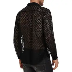 Vacation Shirt Men's Lace Mesh Cardigan with Turn-down Collar for Summer Vacation Beach Wear Sheer Long Sleeve Shirt for Stylish