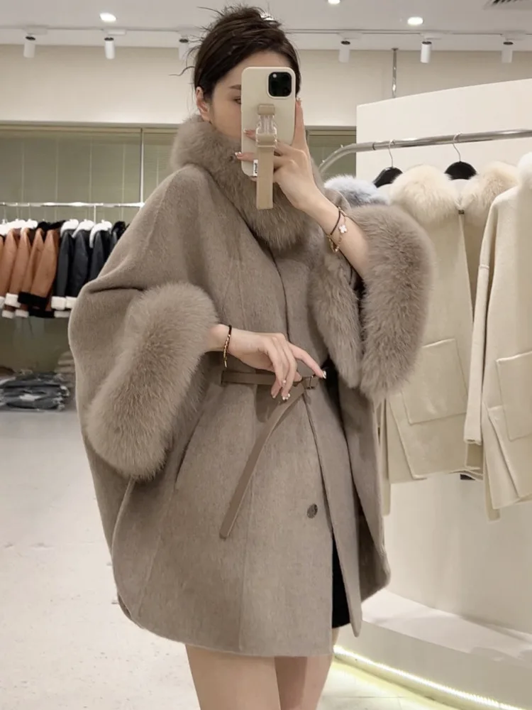 ZMEENNA Damen-Umhangmantel aus Wollmischung mit Kunstpelzkragen und Manschetten, elegante Winter-Poncho-Jacke mit Gürtel, stilvoll, ZM3662