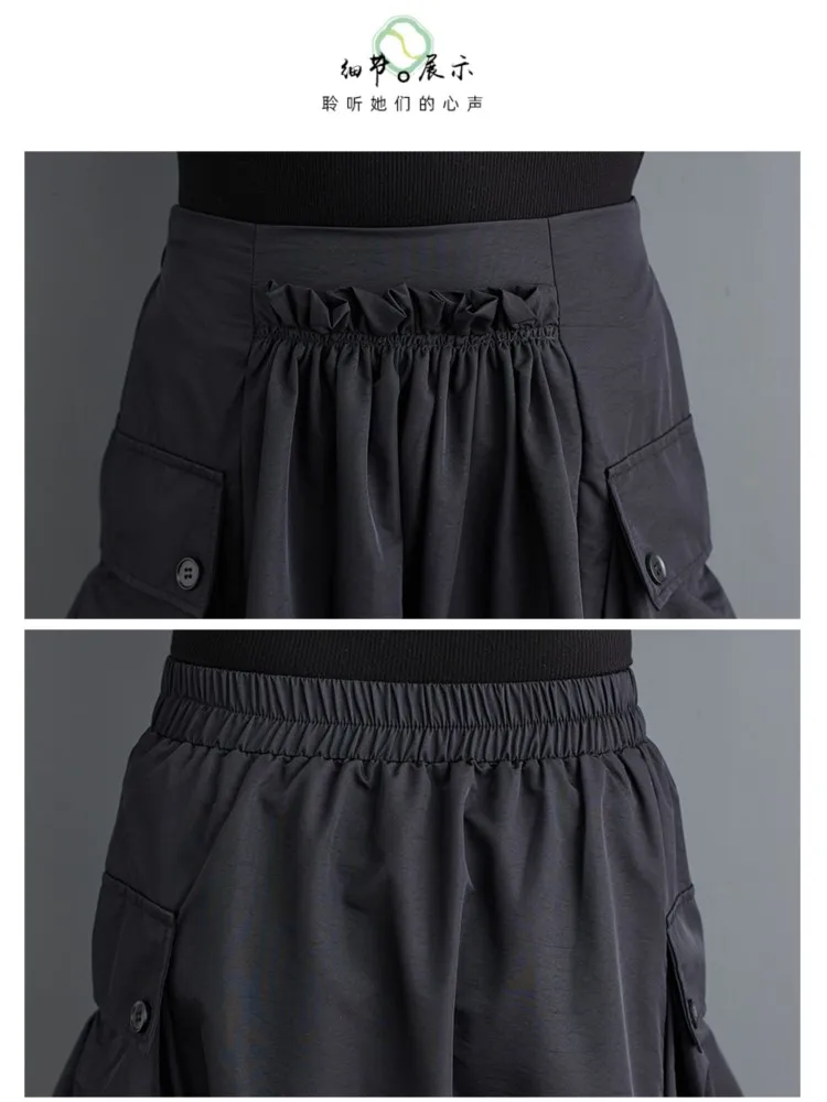 المتضخم ربيع الخريف البضائع تنورة طويلة المرأة مرونة عالية الخصر موضة مطوي تنورات للسيدات فضفاضة امرأة عادية فائدة تنورة