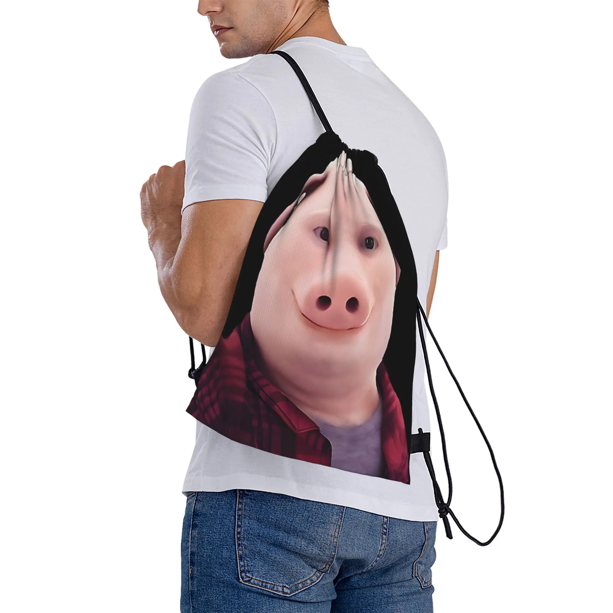 Cartoon Pig Drawstring Backpack, Funny 3D Animal Print Cinch Sack Bag, Lightweight Sports Gym Bag