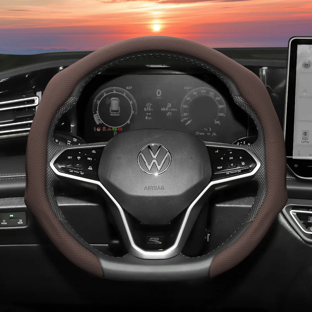 Passend für Volkswagen Lenkradbezug aus perforiertem Leder, rutschfeste, atmungsaktive integrierte Schutzhülle Golf Passat Polo Jetta Tiguan T-Roc Atlas Arteon Id.4 Id.3 Beetle Cc B6 B8