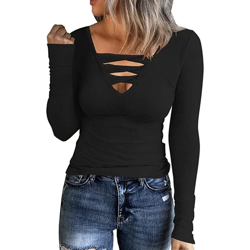 Women Sexy Hollow Out V-neck Solid Color Long Sleeve Tshirt 2024 Autumn New Long Sleeve T-shirts Slim Fit Tees Clothes 29574